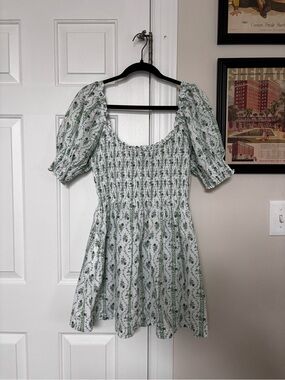 Hill House White Mini Dress with Green Floral Print